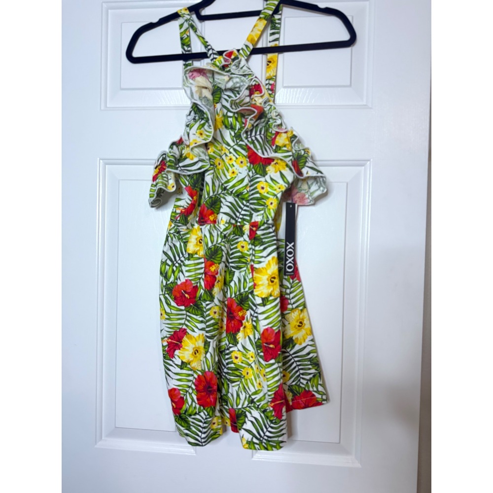XOXO Tropical Floral Ruffle Halter Romper Cold Shoulder Hibiscus Print XYD351 S